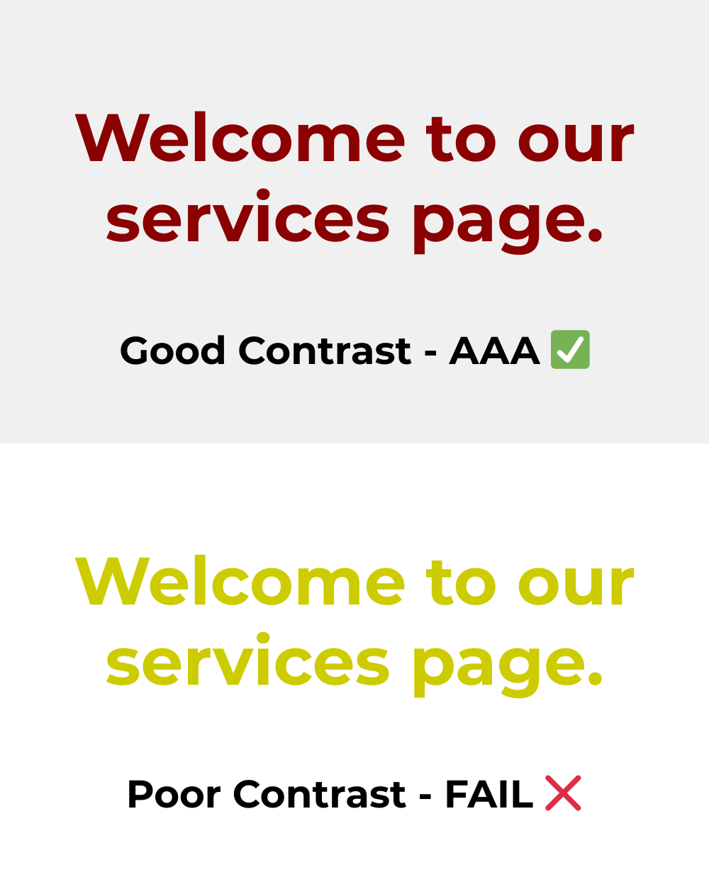 Text saying 'Welcome to our service page' with color contrast examples: dark red text on light gray background (ADA compliant), and light green text on white background (non-compliant).
